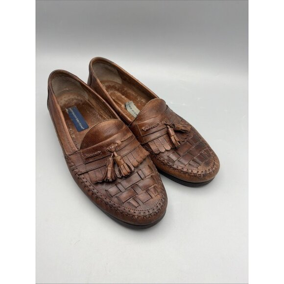 Giorgio Brutini Shoes Mens 10 1/2 Brown Leather Loafers Kiltie Tassel Woven Moc - Picture 1 of 8